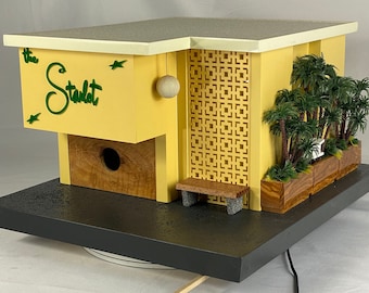 Mid Century Modern Birdhouse, Solar Powered, Hollywood Dingbat Apartment, Theme Building,Works Indoors. Modern Art, Architectural Birdhouse.