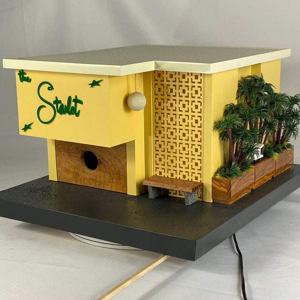 Mid Century Modern Birdhouse, Solar Powered, Hollywood Dingbat Apartment, Theme Building,Works Indoors. Modern Art, Architectural Birdhouse.