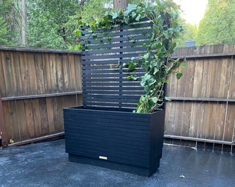 Black Mid Century Modern Planter with included Trellis, Six Feet High Privacy Planter. Room Divider, Ipe Brazilian Hardwood, Slatted Wall