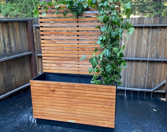 Mahogany Mid Century Modern Planter with included Trellis, Six Foot High Privacy Planter. Room Divider, Ipe Brazilian Hardwood, Slatted Wall