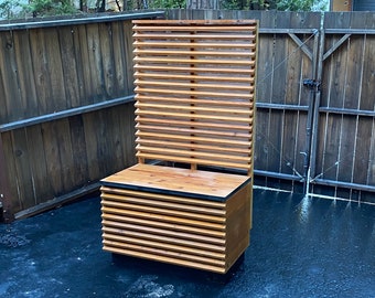 Outdoor Storage Bench with Trellis. Outdoor Drop Box, Parcel Boxes, Mid Century Modern Bench, Tall Privacy Screen, Architectural Mailbox.