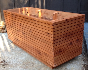 Mid Century Modern Planter in California Redwood, Slatted Planter with Metal Liner, Custom Orders Welcome, Tall Privacy Planter.