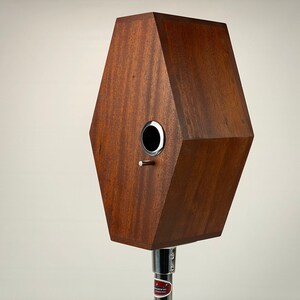 Mid Century Modern Birdhouse, Mahogany Hexocaster, Luthier Inspired, Outdoor Birdhouse, Best in Class, Modern Birdhouse. Chrome and Wood.