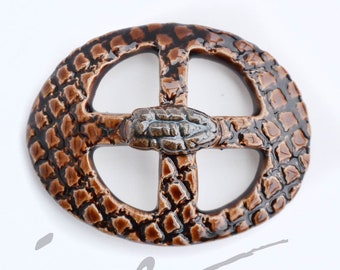 Handmade belt buckle, brown crocodile leather textured scarf holder or tie pin