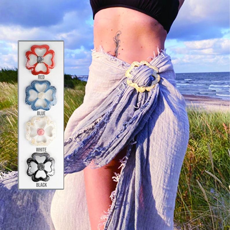 Bikini cover up, sarong wrap or pareo made with handmade ceramic scarf holder image 1