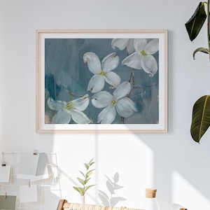 Dogwood flower art instant download print, white dogwood flower blossom branch, printable art for living room, art over bed