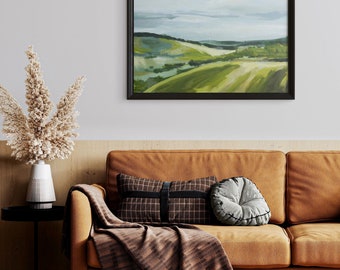 Abstract rolling hills cloudy landscape, greens and blues, Fine art print, Free shipping!