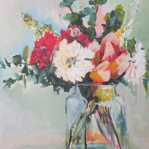 Surrender - Abstract flower bouquet in glass jar painting fine art print farmhouse flower pink red blue orange