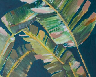 bohomeian banana leaf painting - dark green, light green, yellow, burnt orange - jewel tones - plant painting abstract - Free shipping!