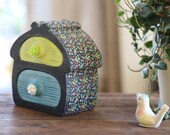 Cute wooden stash box House shape box UNIQUE girls gift Mini chest of drawers Floral print Funny trinket box Bandsaw Keepsake box