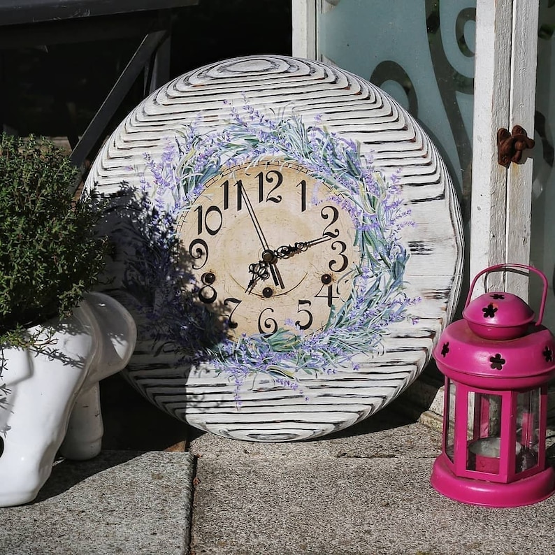 Romantic wooden round wall clock with a lavender wreath Pinewood wall clock Purple lavender wreath Valentines decor