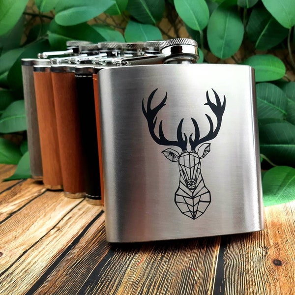 Geometric Hipster Stag Head - Leather & Wood Engraved 6oz Hip Flasks - Men's/Father's Day Gift