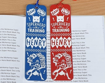 Super Hero Bookmark Personalised- Lots of colours- Kids Christmas Gift