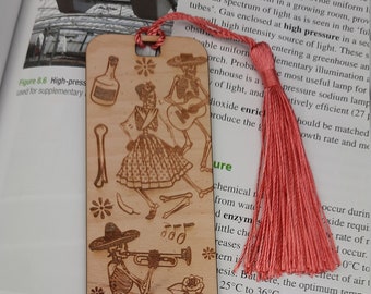 Day Of The Dead Bookmark - Laser Engraved Birch Wood with Tassel