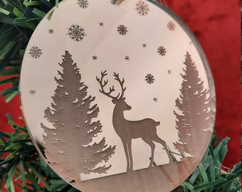 Ciervo de Navidad - Decoraciones navideñas con espejo - Adornos colgantes para árboles, grabado con láser, adorno