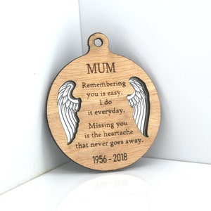 Memorial Poem - Angel Wings - Personalised Hanging Wood & Mirror Christmas Tree Bauble Decoration