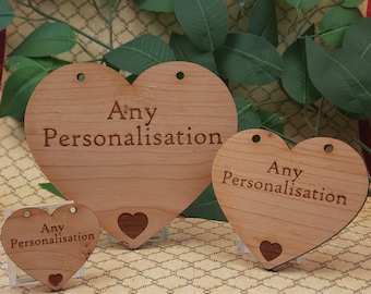 Cherry wood,  Engraved Wooden Hearts Any design Personalised   -Keepsake Hanging Gift Tag Message Quote Decoration