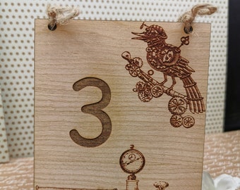 Engraved Wooden Steampunk Table Numbers, Rustic Wedding Decor