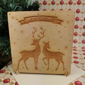 Merry Christmas Deer&#39;s - Personalised Wooden Card  with envelope and stand- Unique Gift