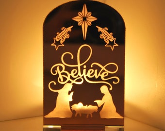 Belén Believe - Portavelas de luz de té de metacrilato con espejo - Decoración navideña religiosa