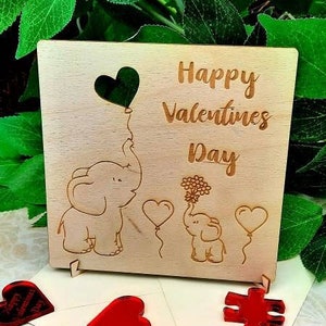 Feliz Día de San Valentín Elefantes, Tarjeta de madera con soporte, Día de San Valentín, ser querido