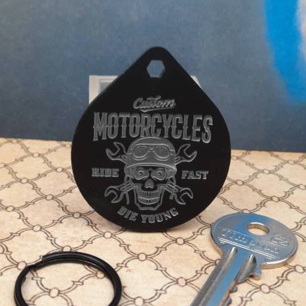 Motorcycle - Personalised  Engraved Black Key-Ring with Black Hoop