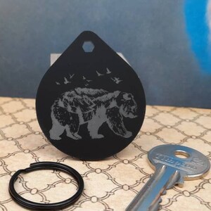 Bear Forest - Personalised Engraved Black Key-Ring with Black Hoop