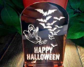 Halloween-ljushållare i spegelplexiglas – Spöklikt spöke och fladdermöss