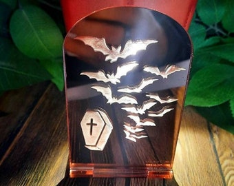 Spooky Coffin Bat Tea Light Holder - Halloween Mirror Decoration