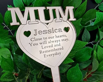 Mum Heart stick, Personalised Memorial - cemetery decoration Family name with sentimental poem
