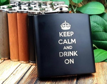 Keep Calm Drink On - Leather & Wood Engraved 6oz Hip Flasks - Birthday/Fun Gift