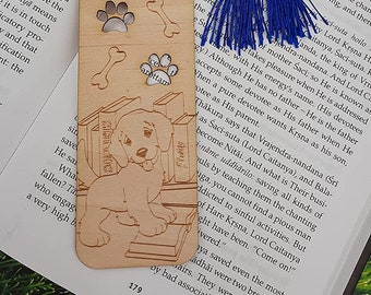 Dog - Laser Engraved Wooden Bookmark - Dog on pile of books