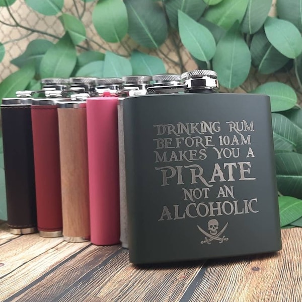 Drinking Rum Makes You A Pirate - Funny Engraved 6oz Hip Flask - Metal/Wood/Leather - Gift/Present
