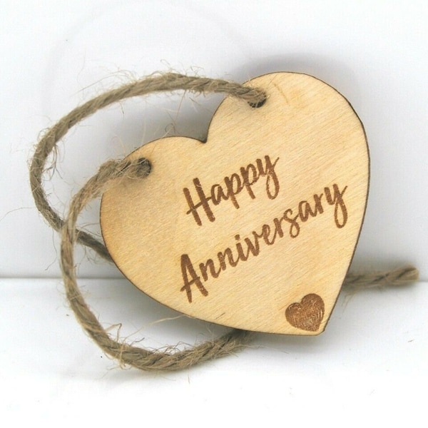 Happy anniversary - Engraved Wooden Heart - Mini Keepsake Hanging Gift Tag Message Quote Decoration