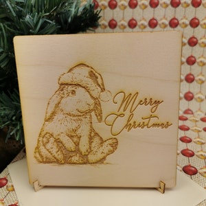 Coniglio con cappello - Biglietto natalizio in legno personalizzato con busta e supporto - Regalo unico