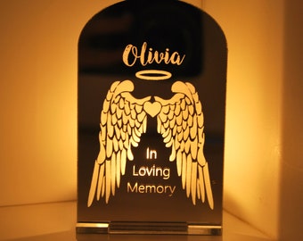 Angel wings with halo, Personalised Memorial  - Mirror Perspex Tea Light Candle Holder - Decoration