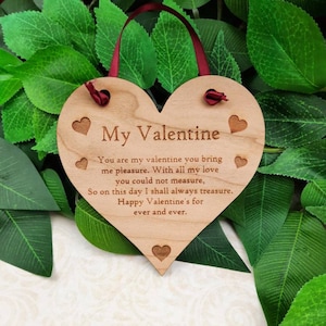 Valentine, Personalised Engraved Cherry Wood Heart, Valentines Day,  Wooden Hearts -Keepsake Hanging Gift Tag Message Quote Decoration