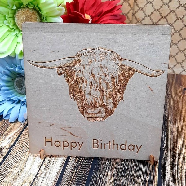 Highland Cow card   - Personalised Wooden Card with stand and envelope - Unique Gift/Partner/Love