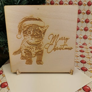 Kätzchen Hut - Personalisierte Weihnachtskarte aus Holz mit Umschlag und Ständer - Einzigartiges Geschenk