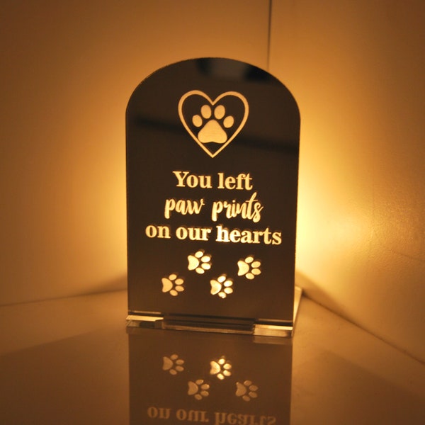 Paw Prints On Our Hearts - Mirror Perspex Tea Light Candle Holder
