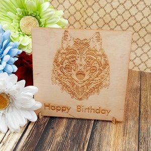 Wolf Doodle Head Karte - Personalisierte Karte aus Holz mit Ständer und Umschlag - Einzigartiges Geschenk/Partner/Liebe