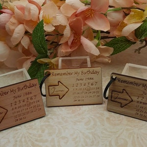 Remember My Birthday Keyring, Personalised Laser Engraved Wood, Boy-Girl Gift