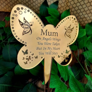 Butterfly stick Personalised Mirror Memorial  - a Pretty grave side, cemetery decoration Family name with sentimental poem