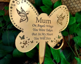 Butterfly stick Personalised Mirror Memorial  - a Pretty grave side, cemetery decoration Family name with sentimental poem