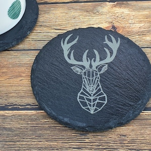 Stag Pattern Laser Engraved Slate Coaster  - Gift - Tableware - animal Lover - Animals - Present black stone