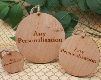 Cherry Wood Circles engraved Any design Personalised   -Keepsake Hanging Gift Tag Message Quote Decoration