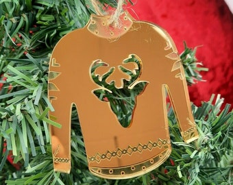 Christmas Jumper with Stag Decoration, Laser Engraved, wooden and acrylic, lots of colours available, Bauble