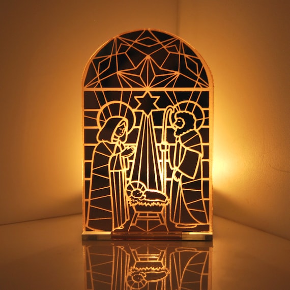 Nativity Scene Tea Light Holder - Mirrored Perspex Geometric Window