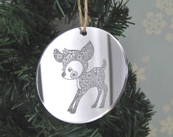Reindeer Doodle - Mirror Christmas Decorations - Hanging Tree Ornaments, Bauble