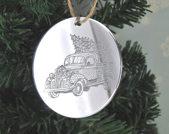 Coche retro con árbol - Adornos navideños con espejo - Adornos colgantes para árboles, chuchería